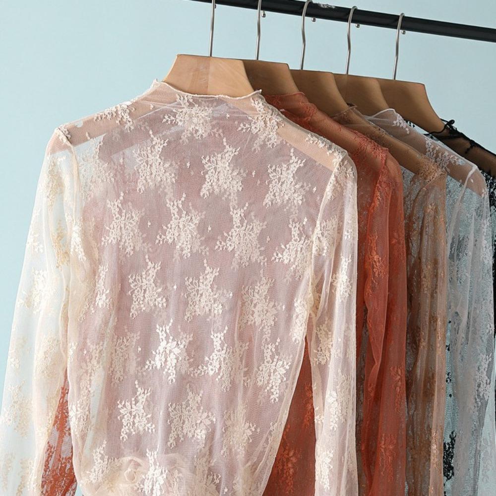 Mesh Transparent T-shirt Hollow Lace Floral  Shirts Elegant Lace Bottomed Blouse  Girls
