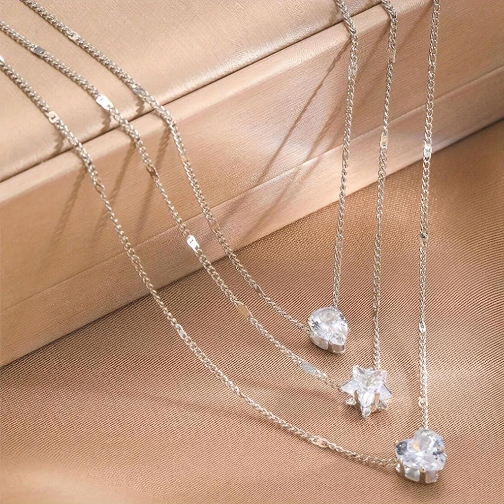 Elegant Multi-Layer Necklace Set for Women, Heart, Star & Teardrop Pendants, Rhinestone Embellished Versatile for Daily & Party Wear