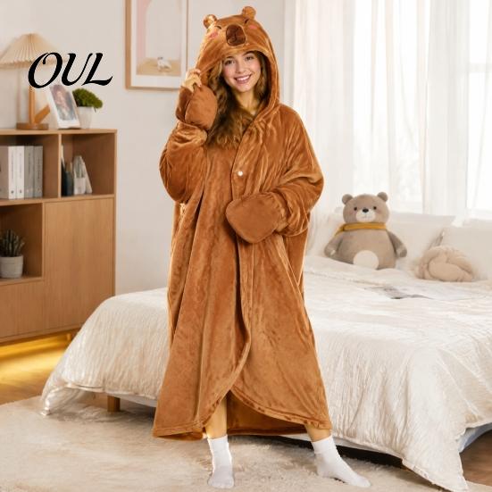 Lightweight Velvet Gown Animal Wearable Blanket Hoodie for Women, Oversized Flannel Sweatshirt Soft Loungewear Blanket, Button-Up Cosplay Cape