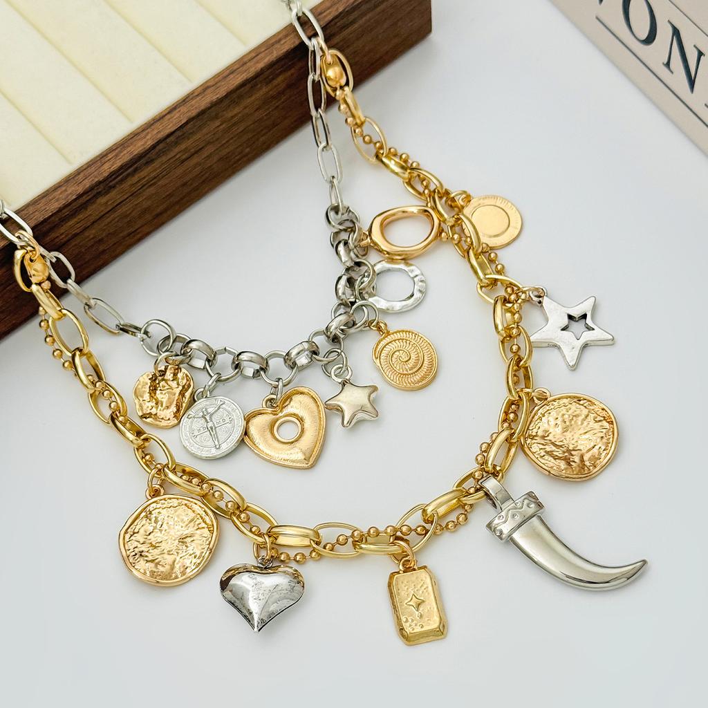 Fashion Metal Lava Five-Pointed Star Love Pendant Necklace, Creative Stacking Collarbone Chain Necklace