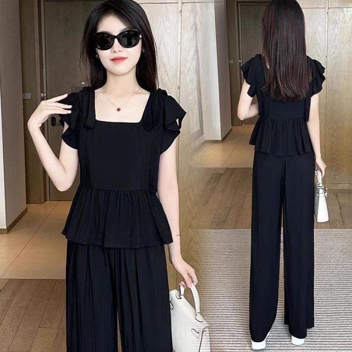 2024 Plus Size Ice Silk Women’s Stylish Summer Two-Piece Set with Wide-Leg Pants