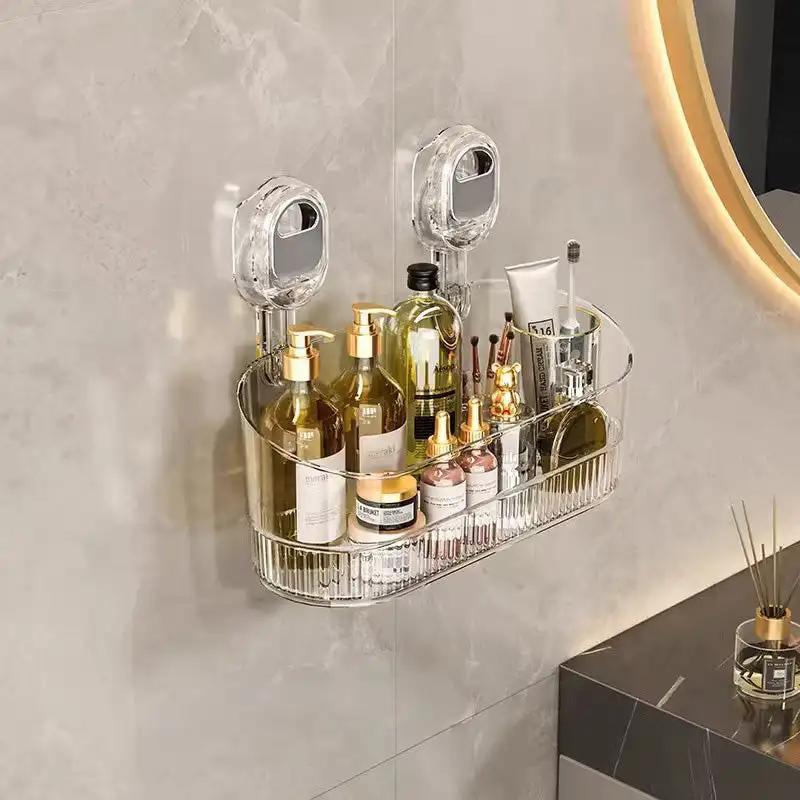 Transparent Suction Cup Storage Rack No-Drill Wall Mounted Cosmetic Storage Box Strong Load-Bearing Removable Makeup Organizer