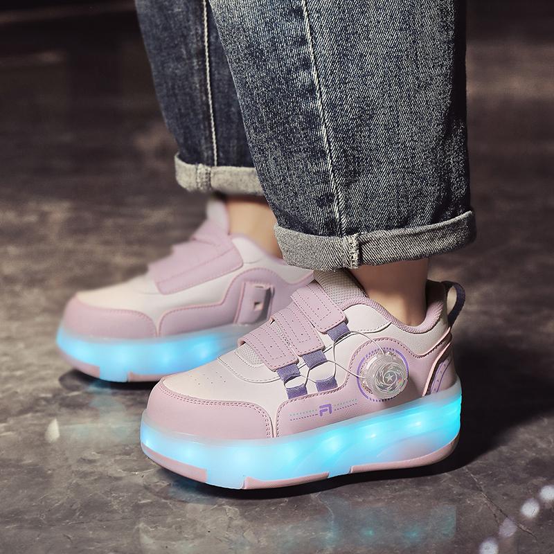 Kid's Roller Skates Removable Flat Charging LED Four Wheels Glowing Sports Shoes Pink Women's Glowing Sneakers