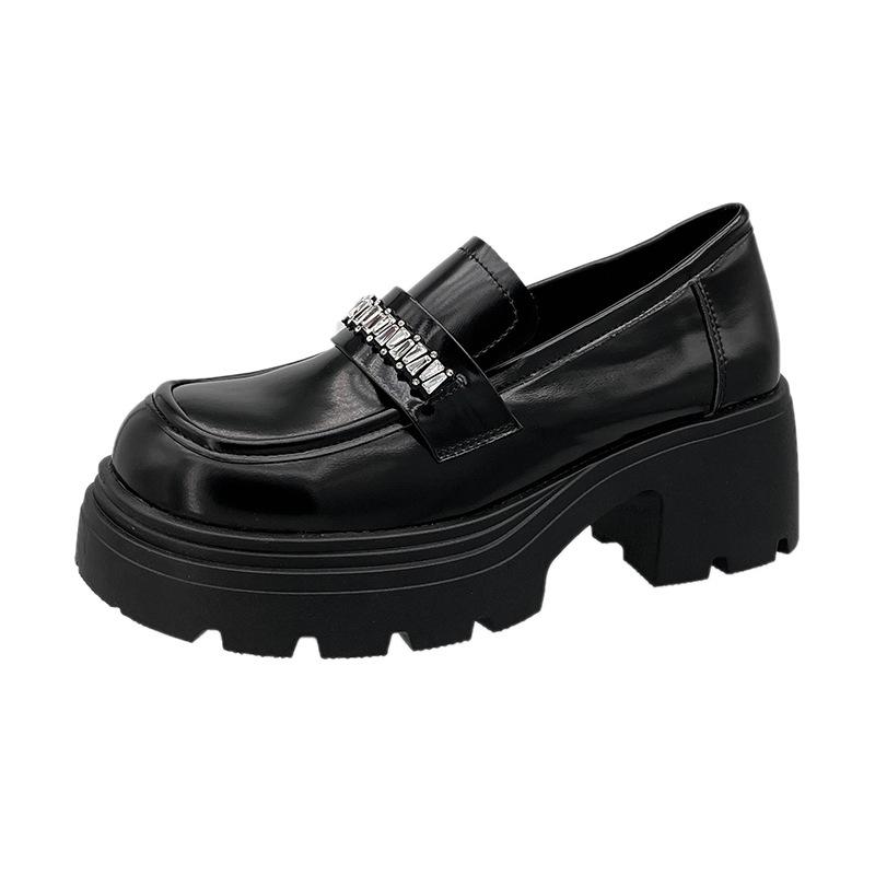 Patent leather rhinestone inner heightening loafers women's 2025 new autumn college style small leather shoes one pedal muffin single shoes