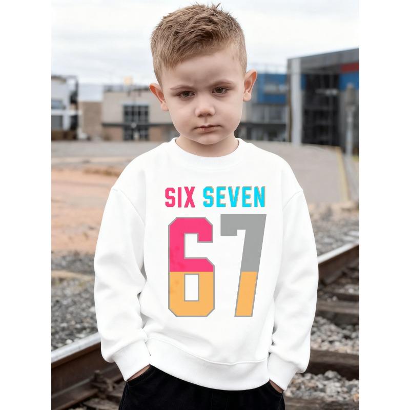 Kids Over 4Y Color Block Number 67 Print Sweatshirt Unisex Boys Girls Contrast Letter Crewneck Long Sleeve Sweat Top For 4-12 Years Old Children