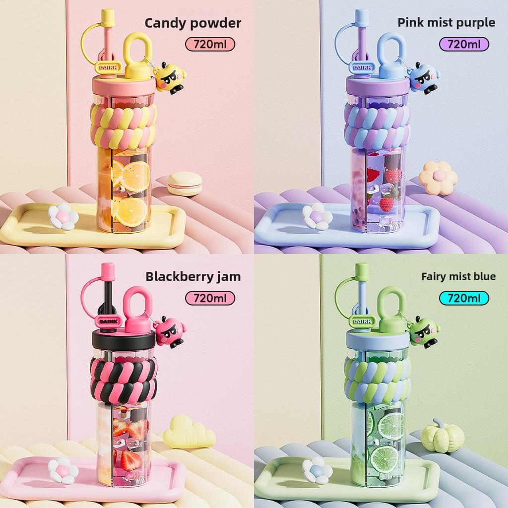 Girls Creative Cartoon Double Compartment Water Bottle With Straw For Students And Gifts
