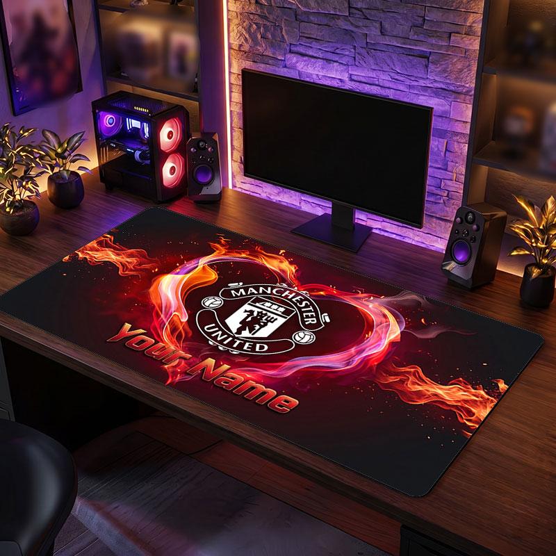 Manchester United Custom Large Mouse Pad, Personalized Name Text Print, Football Logo Non‑Slip Desk Mat Gaming Gift