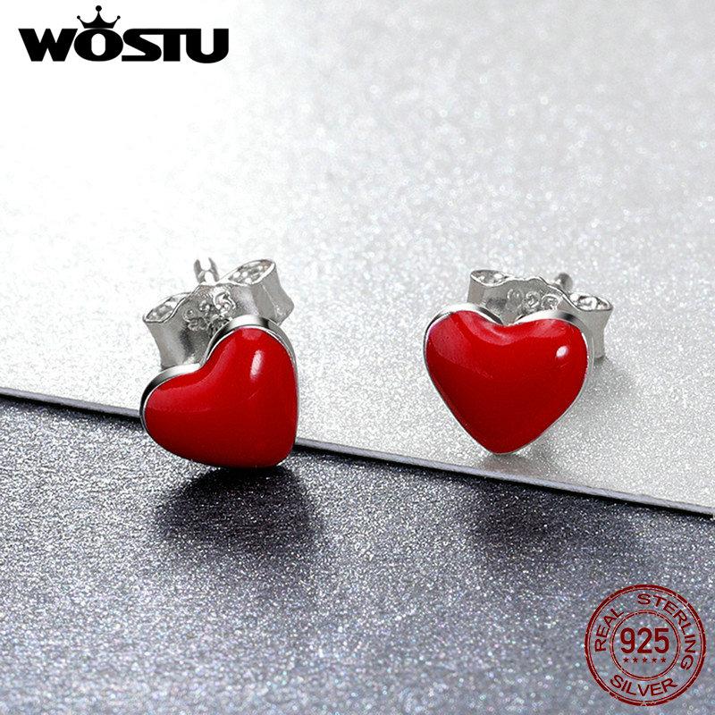 WOSTU Hot Sale 100% 925 Sterling Silver Sweet Red Heart Enamel Girly Stud Earrings for Women Silver Party Jewelry Gift CSE147