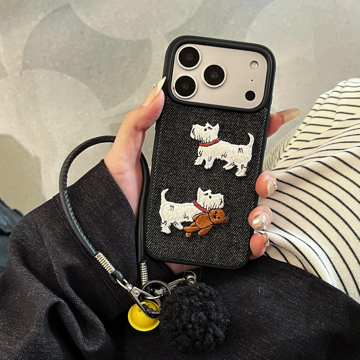 

Plush Embroidered Denim Dog iPhone 16/15/14/Pro Max Case with Hand Strap iPhone 15