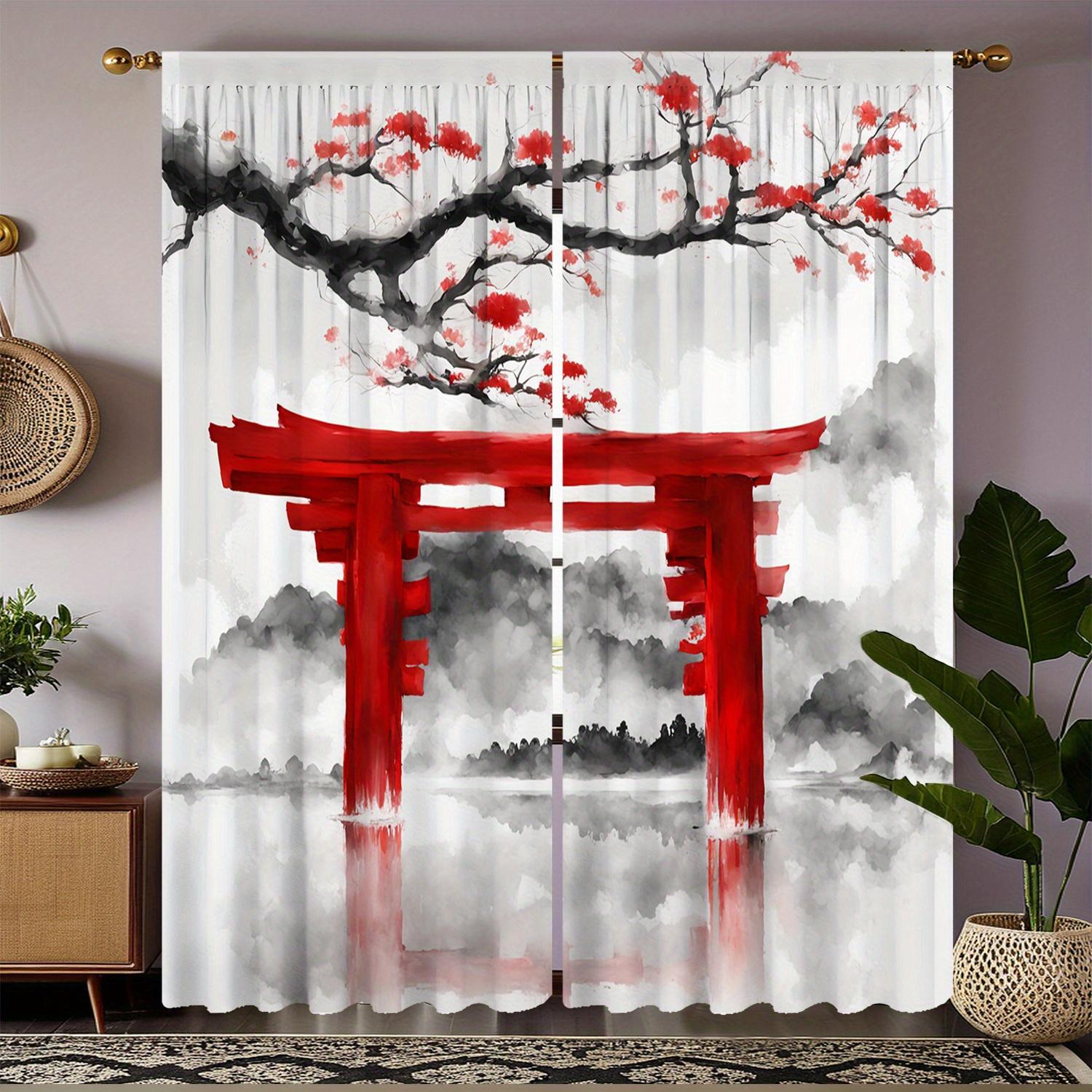 

Red Torii Gate Cherry Blossom Black White Gray Curtains Polyester Fabric Suitable Bedroom Living Room Curtain Made Of Washable Area Ready W100*H70(CM)-Grommet top&1PCS