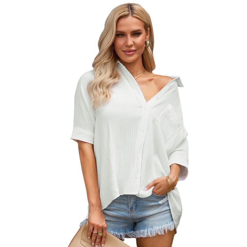 

American Shiying Solid Textured Single-Breasted Shirts Women 2025 Summer New Loose All-Match Half-Sleeve Shirt