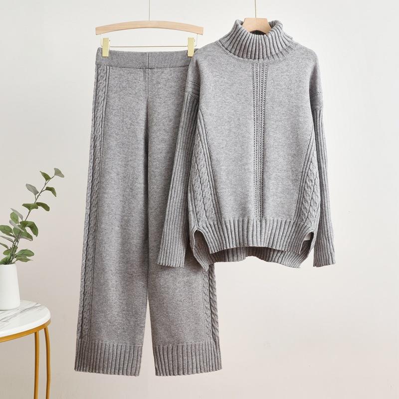 

Водолазка, свитер, утолщенный вязаный свитер, повседневный модный костюм для женщин, осень и зима, свободный ленивый стиль, широкие брюки, костюм из двух частей One Size серый