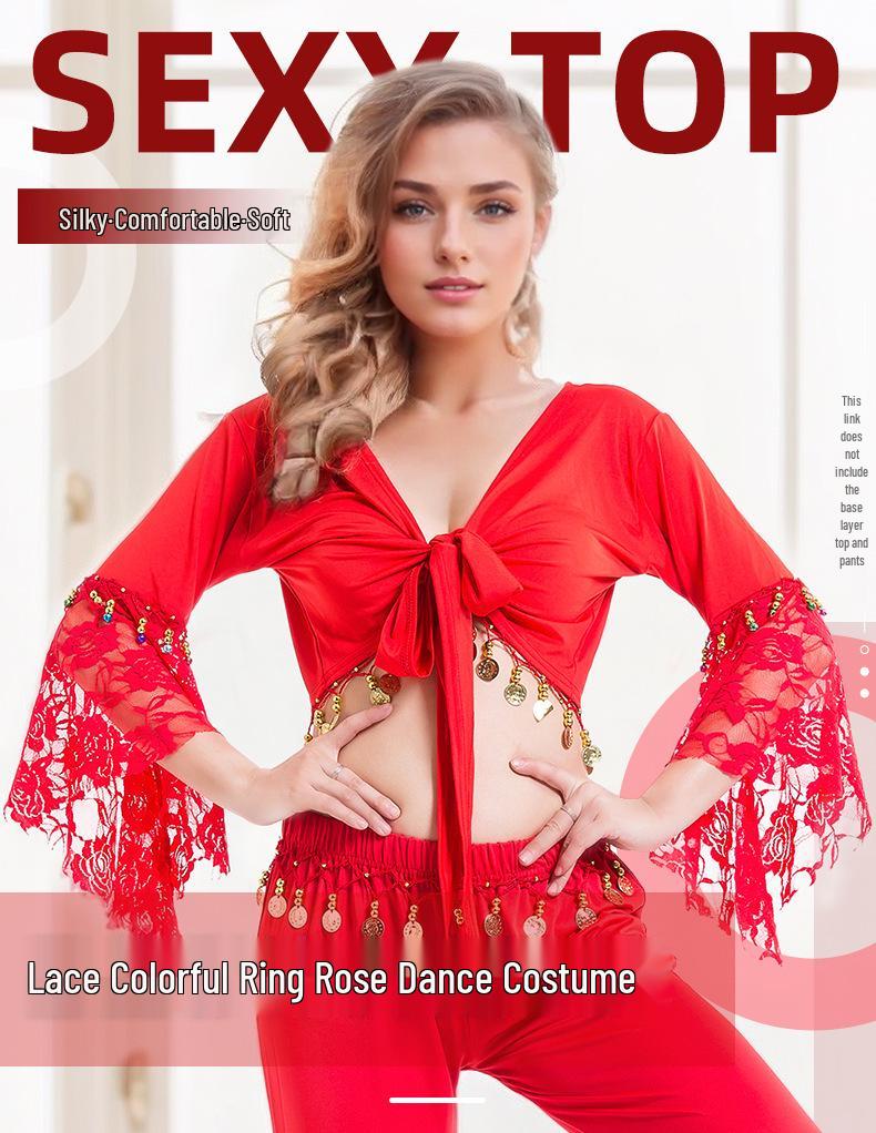 Belly Dance Lace Top with Flared Sleeves and Tassels for Performances