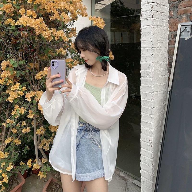 WTEMPO Chiffon Shirt Women Summer Thin Sun Protection Shirt Solid Casual Top StreetWear Versatile Shirt Vintage Female Clothing