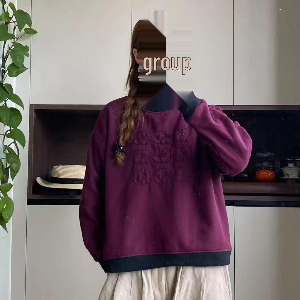 2025 Winter Plus Velvet Retro Color Block Hoodie: Artistic Patchwork Casual Loose Pullover for Women
