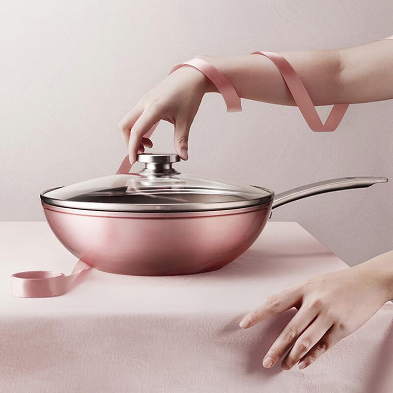 Китайский вок Zwilling 30 см, розовый, с антипригарным покрытием и крышкой