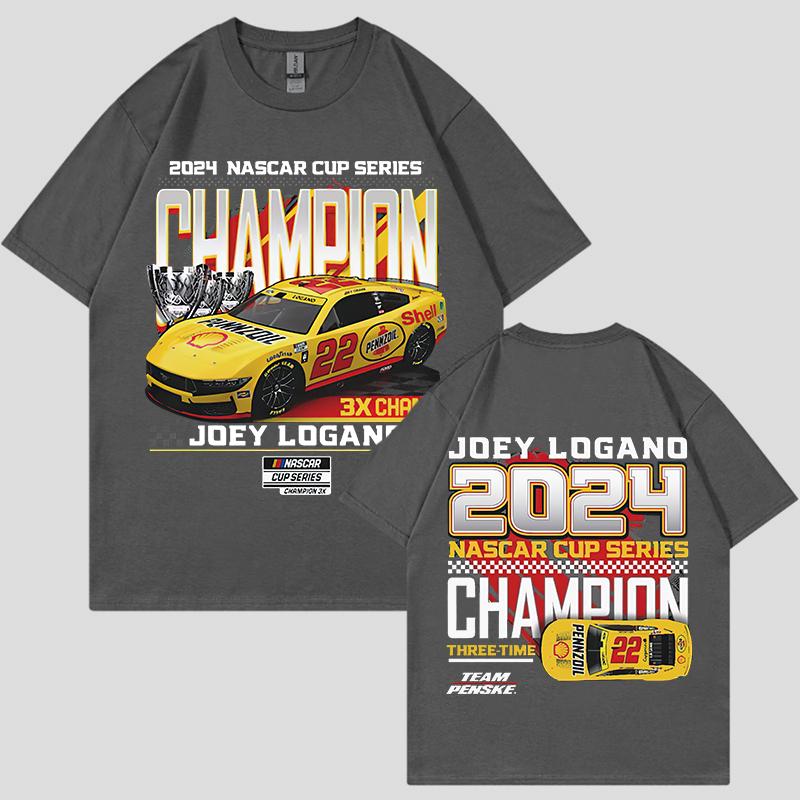 Joey Logano 2024 NASCAR Cup Series Champion Herren Baumwolle Bedrucktes T-Shirt Übergroß Locker Lässig Street Damen Shirt