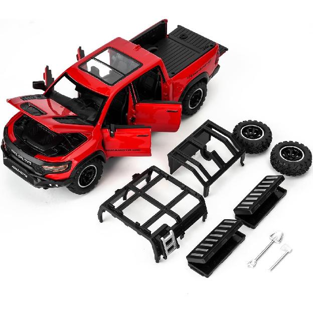 BDTCTK Dodge Ram Mammoth Pick-Up Truck Model Car, Zinc Alloy Pull Back Toy car with Sound and Light for Kids Boy Girl Gift(Red)