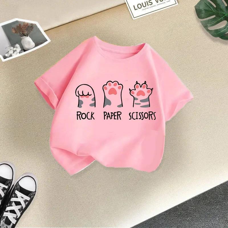 2026 New Summer New Cat Printed Candy Color Funny Round Neck Short Sleeve Baby Girls Summer Clothes Trendy Children's T-shirt