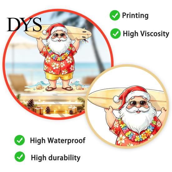 Tropical Santa Window Cling Claus Surf Static Sticker, Christmas PVC Decal, Waterproof Seasonal Decoration Easy Apply Sticker for Glass Doors