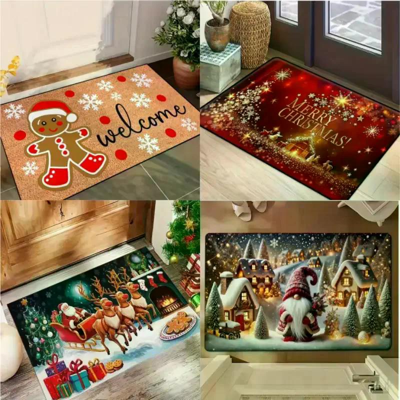 Christmas Theme Door Mat With Santa Claus Snowman Christmas Tree Patterns Soft Decorative Entryway Rug For Xmas Season Decor