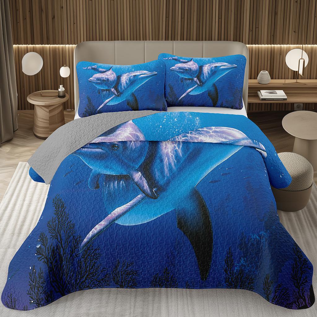 Cute Dolphin Bedspread Twin/King Reversible Grey Quilted Coverlet Ocean Animal Bedding Set 2/3 Pieces Soft Lightweight Quilt Set