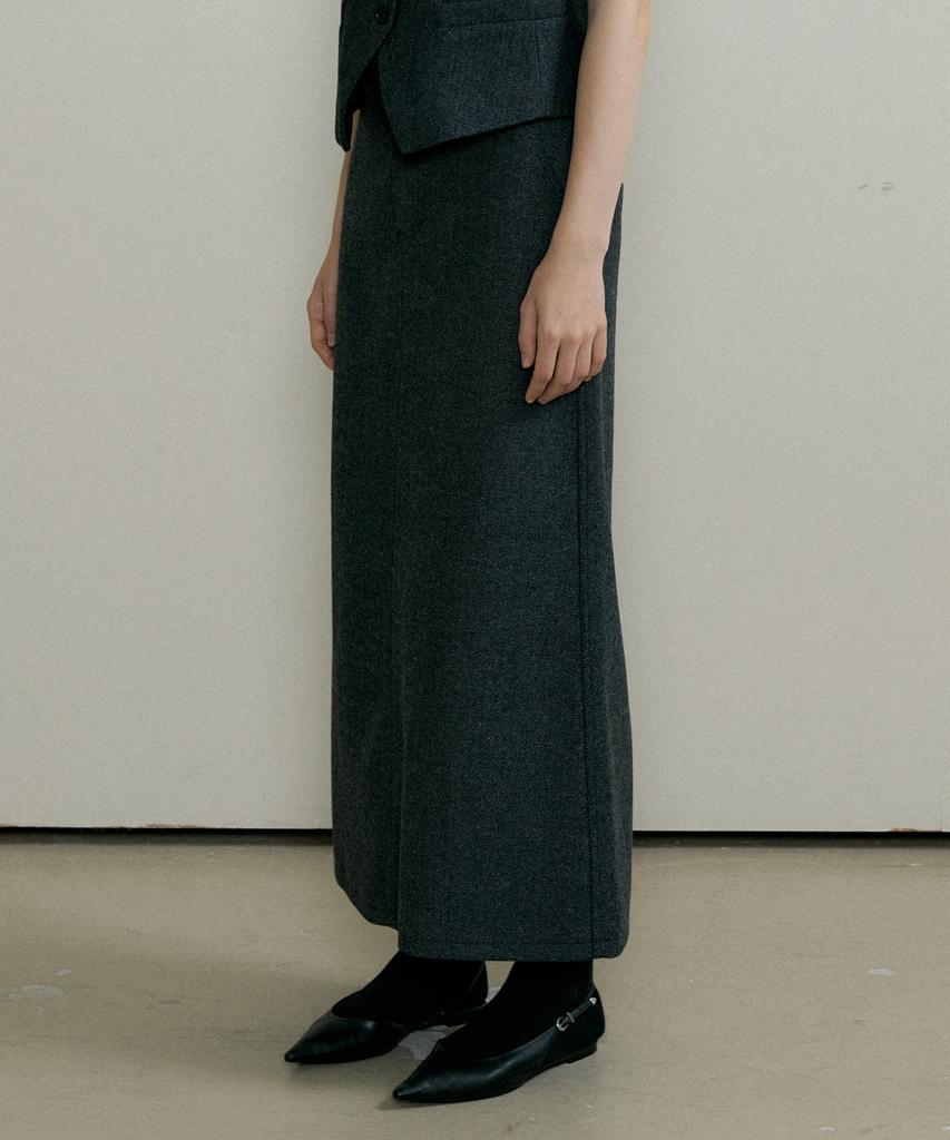 The Penny Wool Herringbone Long Skirt - Charcoal