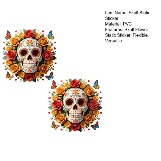 Indoor Outdoor Festive Window Art Day of The Dead Skull Flower Static Sticker, Colorful Mexican Floral Glass Decorative Stickers for Home Halloween