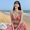 Red and Blue Plaid Neck Bikini Beach Swimsuit Women's Summer Long-sleeved Blouse Top Fashion Wide-leg Pants Three-piece Set