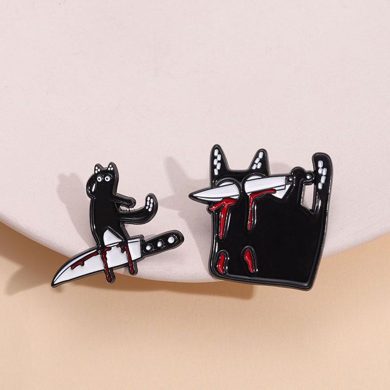 Animal Bone Enamel Pins Custom Dino Dog Owl Cat Brooches Lapel Badges Blck Kitten with Blood Knife Jewelry Gift for Friends