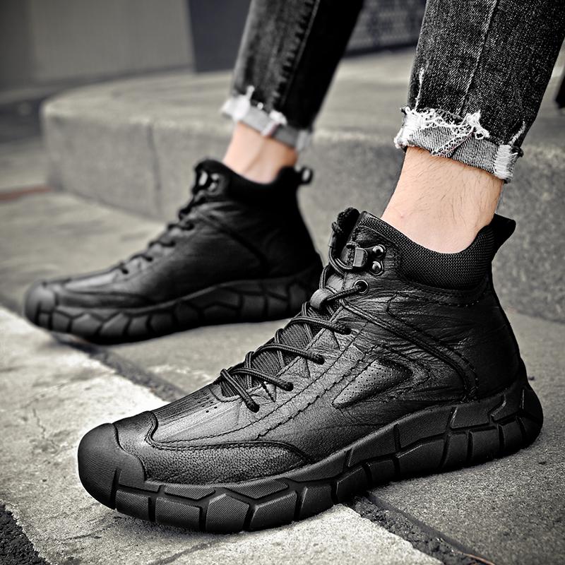 Fashion New Mens Motorcycle Boots Genuine Leather Boots Retro Style Basic Boots Men Casual Warm Snow Sneakers Non-slip Walking Shoes