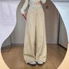 American Retro Khaki High-Waist Lace Patchwork Wide-Leg Pants for Women - Summer Casual and Loose Fit