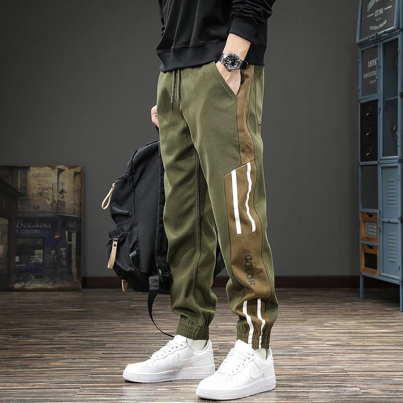 

Trend side striped casual pants men s spring sports tied feet ruffian handsome overalls M
