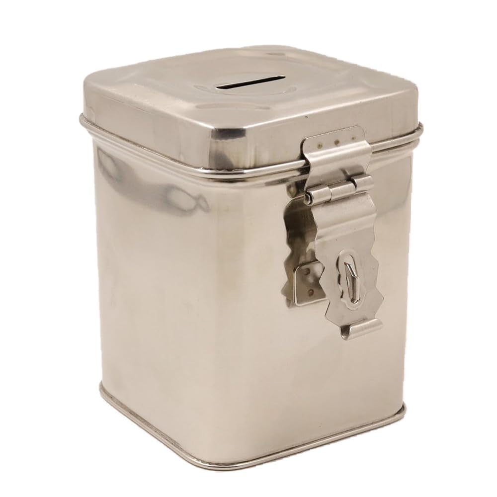 RSINC Stainless Steel Small Coin Box | Antique Piggy Bank & Money Organizer Elegant Silver Gullak for Coins & Savings | Pc-1 O Steel Small Coin Box