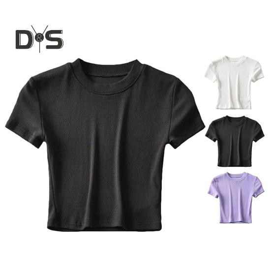 Women Summer Crop Top O Neck Short Sleeve Slim Fit Stretchy Solid Color Waist Exposed Casual Soft Breathable Lady T Shirt