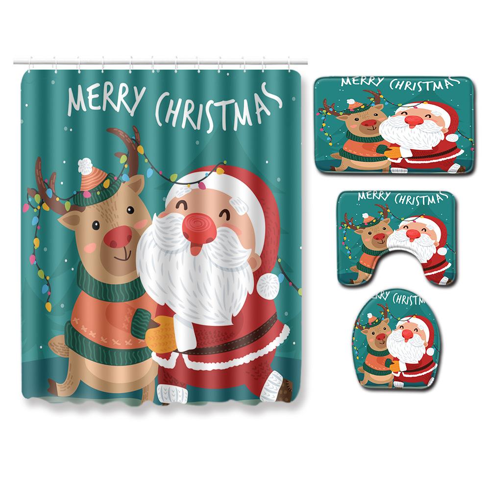 Christmas Shower Curtain Polyester Cloth Toilet Seat Four-Piece Set Entrance Door Mat Bedroom Living Room Floor Mat Carpet