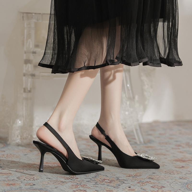French Rear Strap Black Pointed High Heels Rhinestone Square Buckle Summer New Thin Heel Niche with Skirt Sandals Women