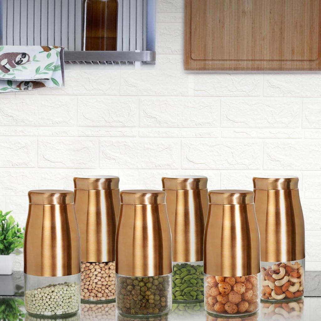 Rose Gold Finish - Bell Bottom Glass Jars for Sugar,Cereal, Spices, Pulses and Other Kitchen Storage 2250ml, Set of 6