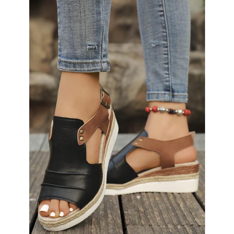Plus Size Women's Sandals 2025 Summer New Flat Wedge Heel Fish Mouth Casual Buckle Wear Women's Sandals Outside