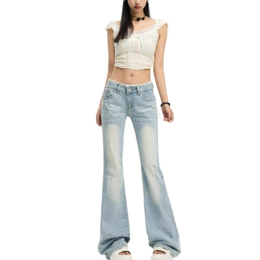Koronkowe wstawki Mikro-szerokie Jeansy Damskie Letnie Prane Niebieskie Retro Obcisłe Spodnie Jeansowe z Niskim Stanem Retro Street Style Luźne Długie Jeansy dla Pań