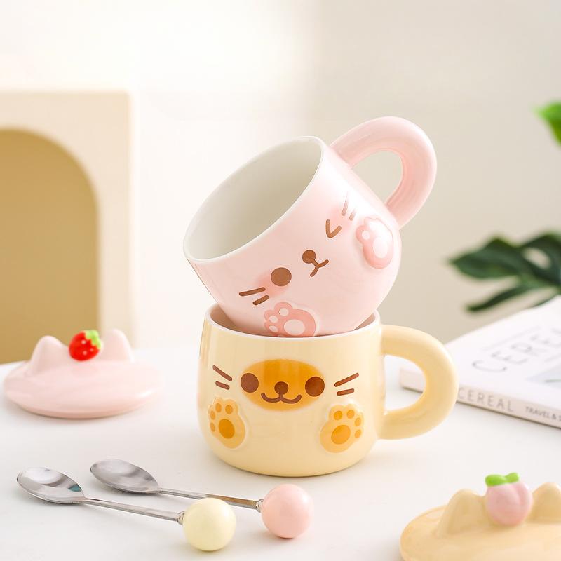 Cute Cat Ceramic Mug Couple Cup with Lid Spoon Coffee Cup Gift Bestie Cup Practical Birthday Gift