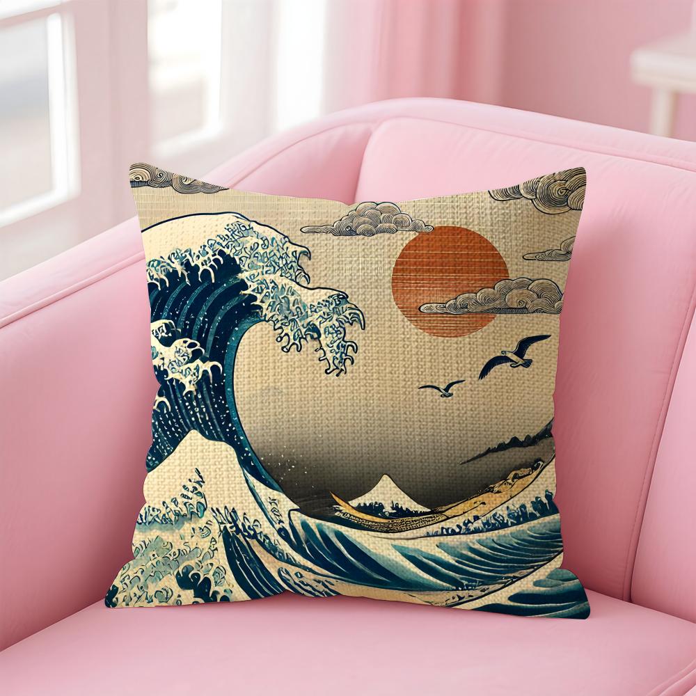 Waves Japanese Style Cushion Cover Natural Linen Pillow Case DoubleSided Print Decorative Sofa Pillowcase Home Decor Gift