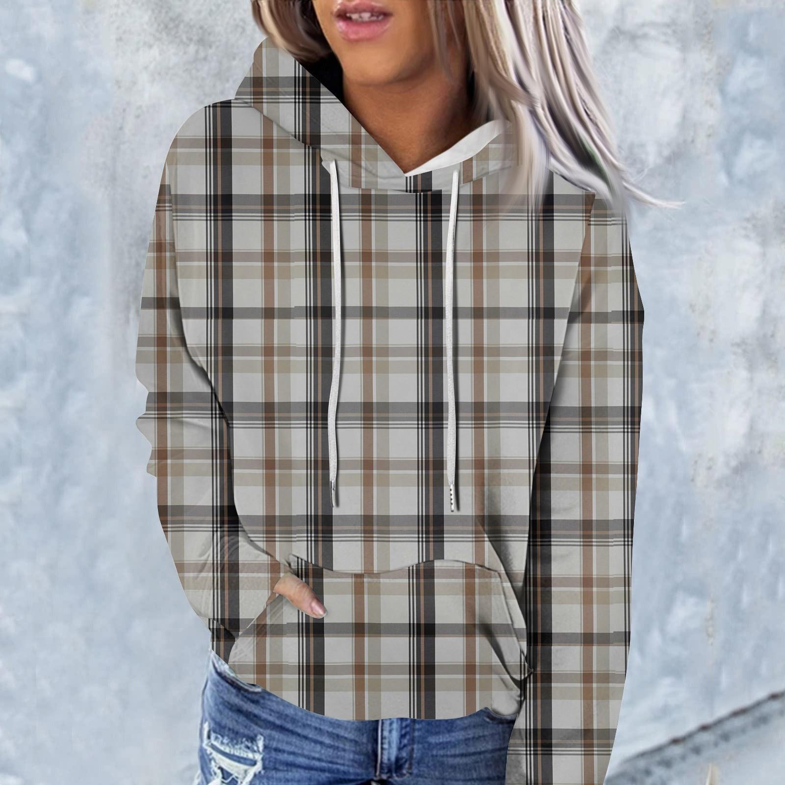 Женская модная повседневная толстовка с капюшоном и длинным рукавом в клетку M темно-синий — фото 3