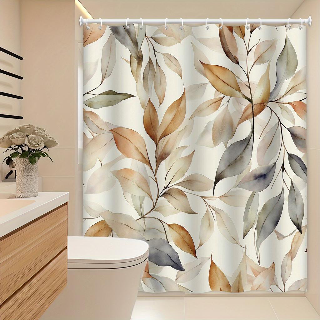 1pc Watercolor leaf pattern shower curtain, polyester fabric, machine washable, with hooks, suitable for bathroom décor.