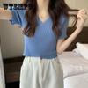 Summer Irregular Cross V-neck Short-sleeved Knitted Sweater Girls Fashion Elegant Thin Top