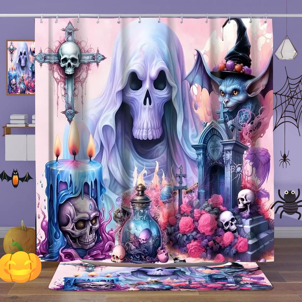 Halloween ghost Skull Pattern Shower Curtain Bath Sets Waterproof Non-Slip Bathroom Rug Toilet U With 12 Hooks Home Deco