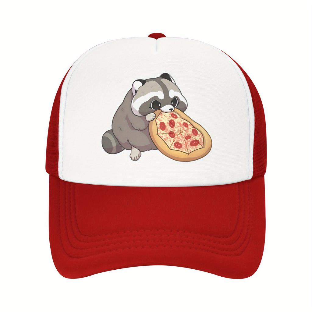 Cute Raccoon Eating Pizza Trucker Hat Breathable Mesh Adjustable Baseball Cap Casual Summer Travel
