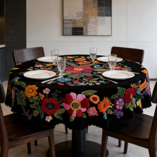 Mexican Floral Tablecloth Round Table Cover with Scalloped Edge Colorful Flower Folk Art Pattern
