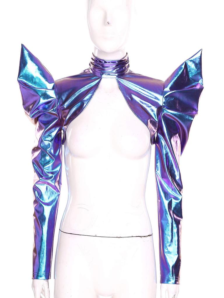 Bolero Cardigan Metallico Futuristco Trasparente a Collo Alto Manica Lunga con Zip Posteriore da Donna per Festa in Costume Halloween