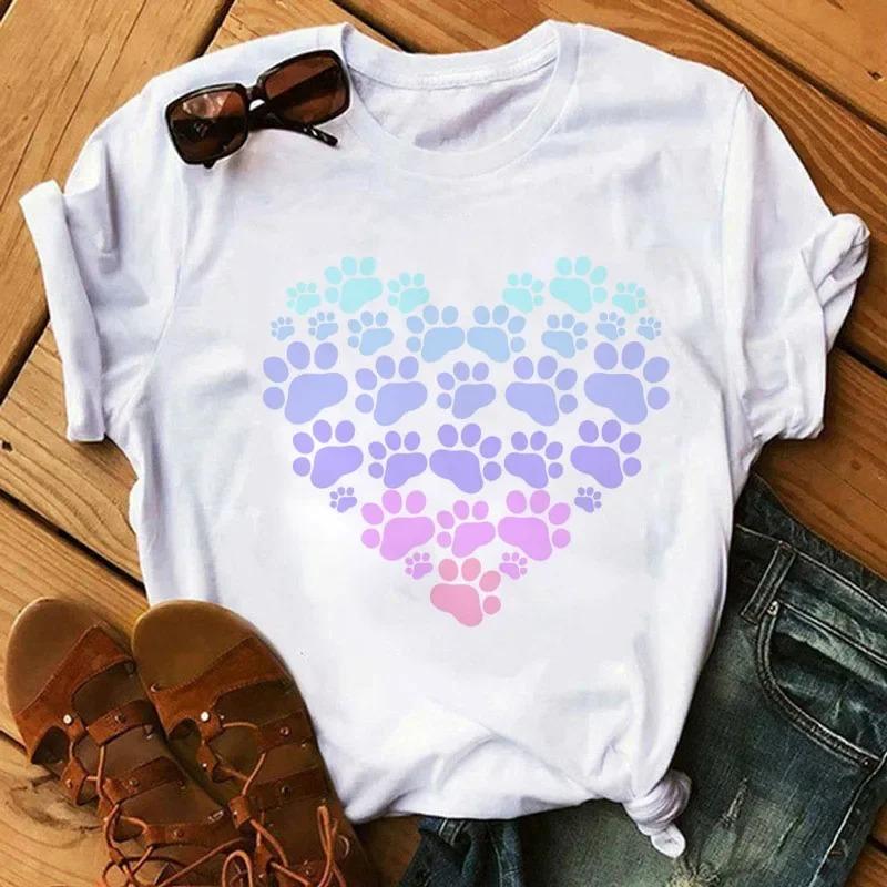 Womens CartoonTshirt Colorful Heart AndDog Paw Print Tshirt Womens Summer Tshirt 90s Girl ShortSleeve Tshirt Black Tshirt